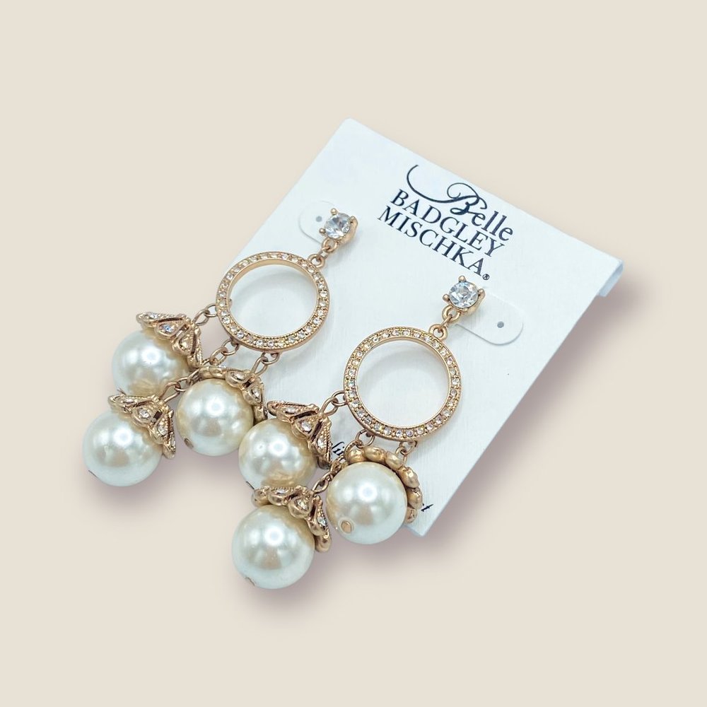 NEW Badgley Mischka Rhinestone Gold Hoop Pearl Tassel Statement Earrings